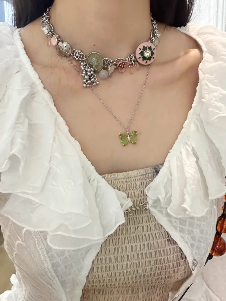 HUANZHI Новое зеленое винтажное Двухслойное ожерелье Цветочная Бабочка из циркона