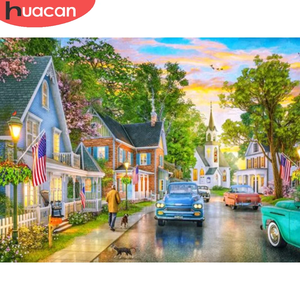

HUACAN Ландшафтная мозаика с бриллиантами уличная полностью квадратная круглая Алмазная картина дом автомобиль Стразы картинки украшение до...