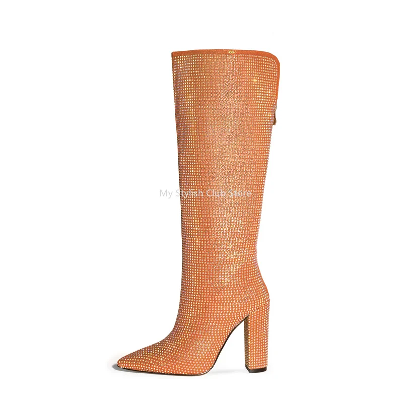 Женские сапоги со стразами обувь на толстом квадратном каблуке 11 см Прямые до