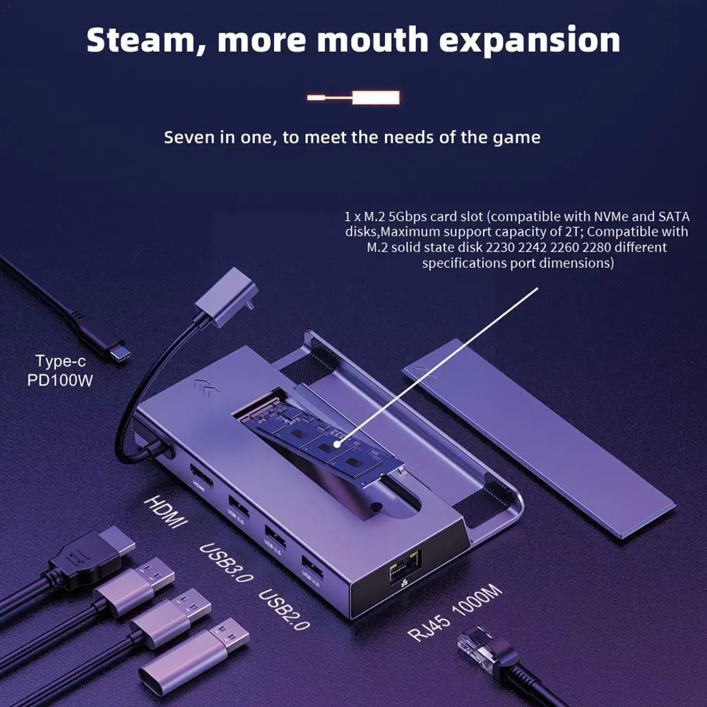

7 In 1 USB C Hub SSD Dock HD 4K 60Hz SATA NVMe M.2 For Steam Deck Docking Station For Ayaneo Jsaux Nintendo Switch Docks S4O1