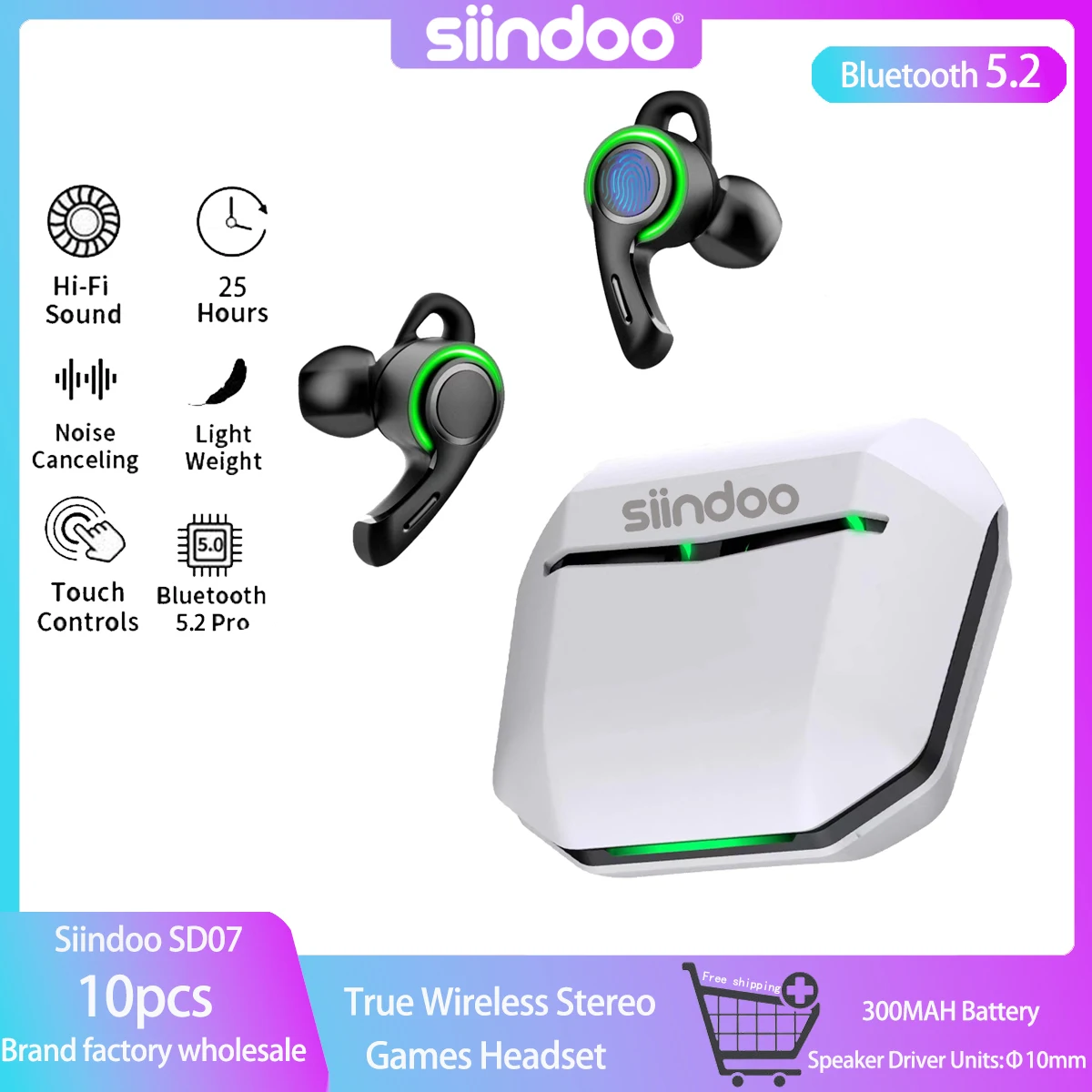 

Siindoo 10 шт. настоящие Беспроводные стереонаушники, игровые Bluetooth наушники с крутым световым эффектом, TWS гарнитура с шумоподавлением