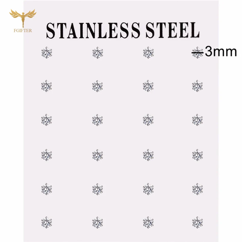 

12 Pairs Lot 3-6mm Clear CZ Zircon Steel Color Stud Earrings Set Women Girls Stainless Steel Ear Piercing Jewelry Wholesale
