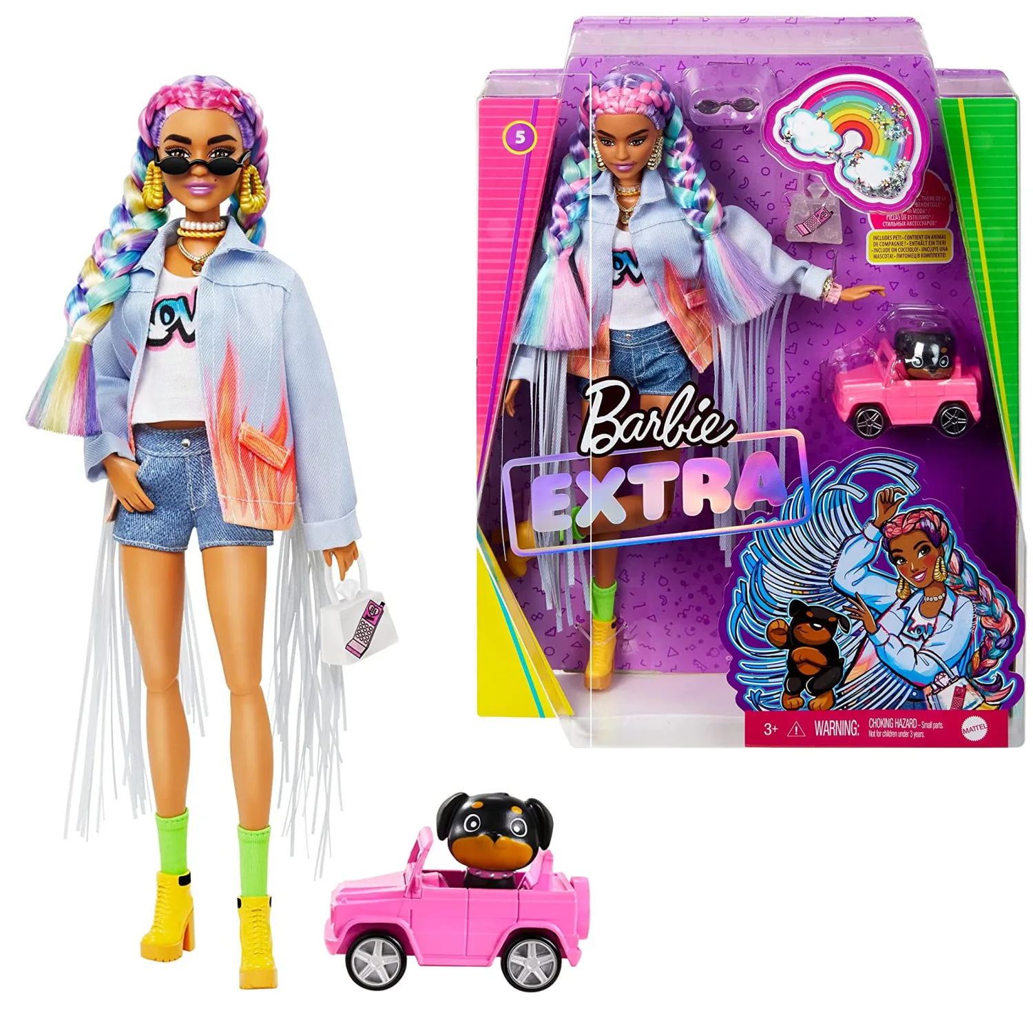 

Кукла Барби Экстра Кукла #5 длинная джинсовая куртка с бахромой с ПЭТ Радуга очень длинные волосы и аксессуары гибкие шарниры кукла игрушка GRN29