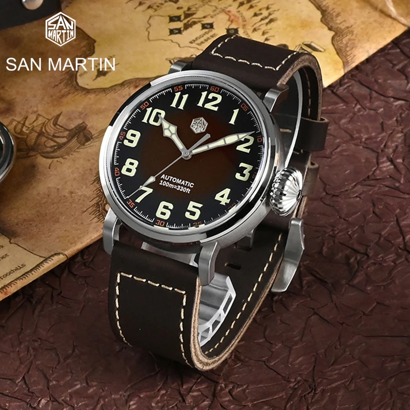 

San Martin 44.5mm Pilot Men Military Watch YN55A Automatic Mechanical Watch Genuine Leather Strap 10 Bar Water proof C3 Luminous