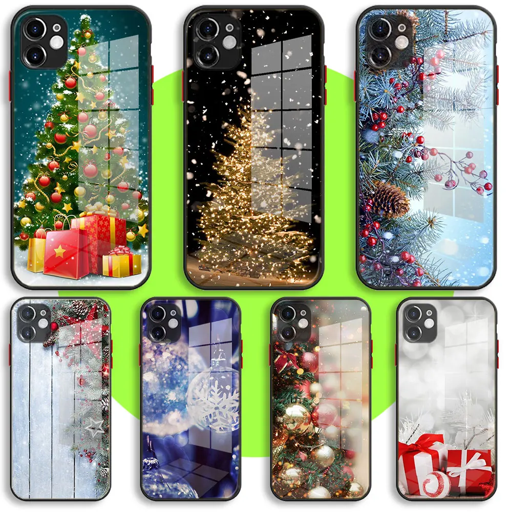 

Glass Case For iPhone 13 11 12 Mini Pro Max XS XR X 7 8 6 Plus SE2 Cover happy New Year merry Christmas Tree Snow Flakes