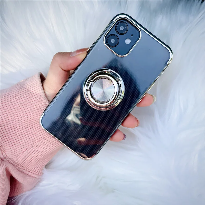 For iPhone 11 Case Luxury Metal Grip Ring Holder Plated Cover for iPhone 13 14 Pro Max 12 7 8 Plus XR X XS 13 mini SE 2020 Case