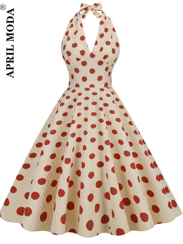 

Halter Neck Polka Dot Women Rockabilly Vintage Pleated Dress Deep V Neck Sexy Sundress Elegant Party Wear Ladies Dresses 1950s