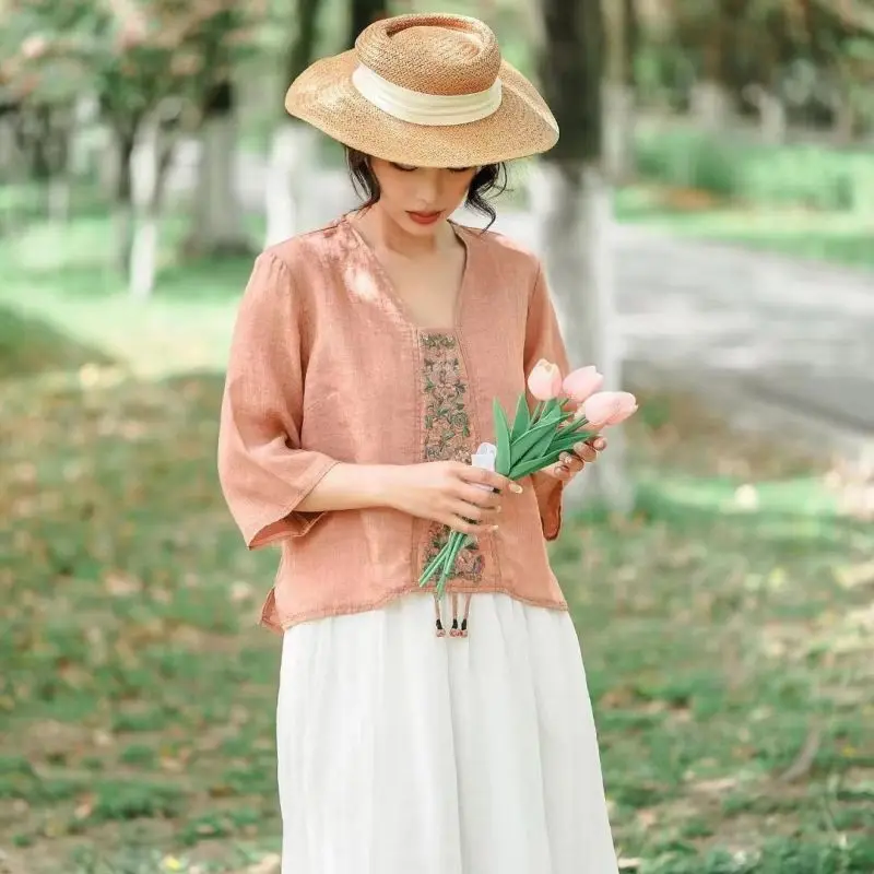 Рубашка женская с вышивкой Модная элегантная блуза из хлопка и льна квадратным