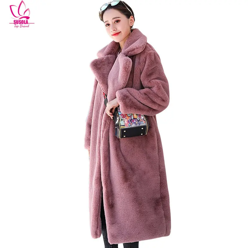 

SUSOLA Lady New Winter Black Long Faux Fur Coat Long Sleeve Black S-XXL Fake Mink Fur Coats Overcoat Women Long Jacket