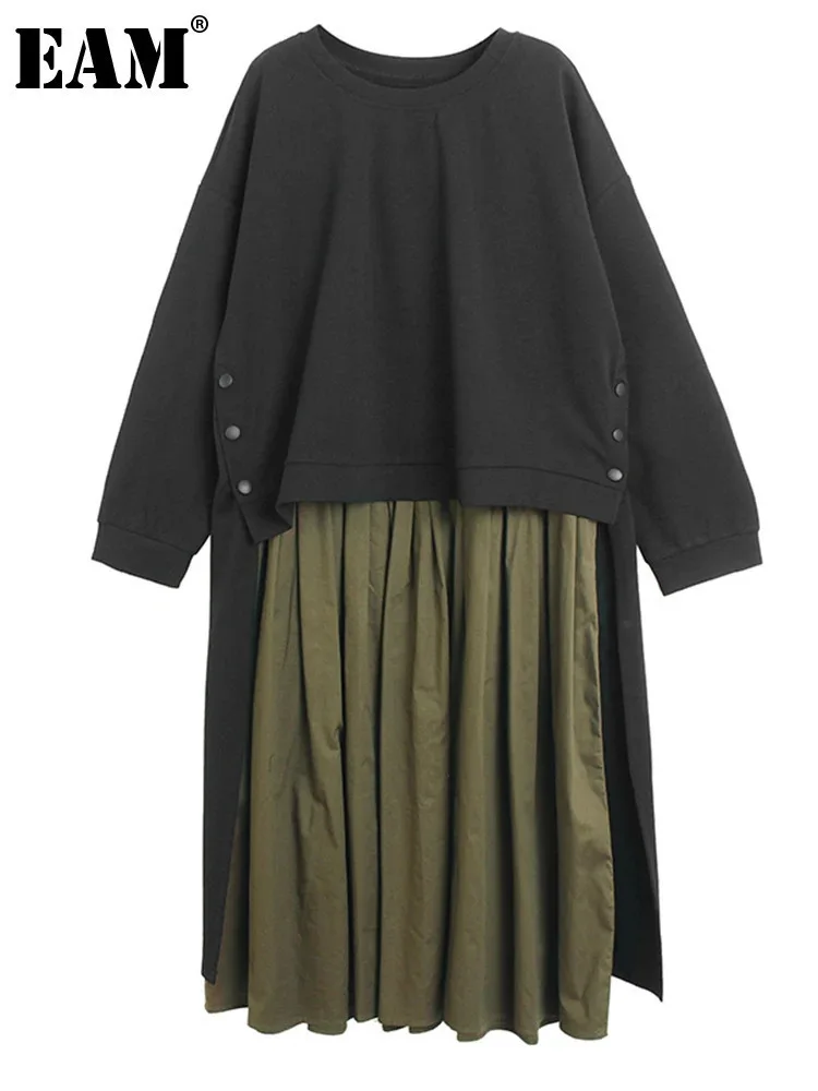 [EAM] Женское зеленое плиссированное повседневное платье нестандартной формы