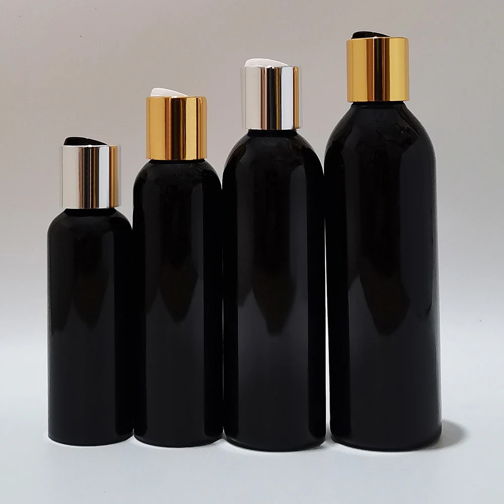 

100ml/150ml/200ml/250ml Black Plastic Bottle With Silver Gold Disc Cap,Essential Oils Cosmetic Packaging Shampoo Perfume Bottle