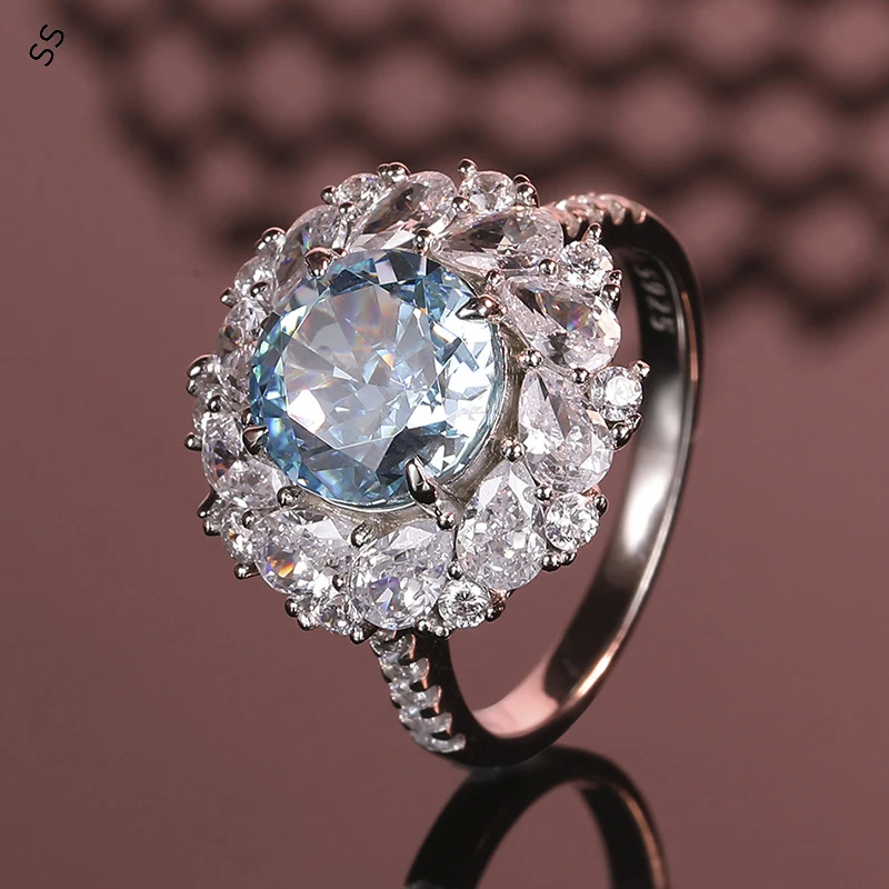 Round Shape Shiny Bling Women's Aquamarine Rings Ice Cut Crafts 925 Metal Circle for Gift