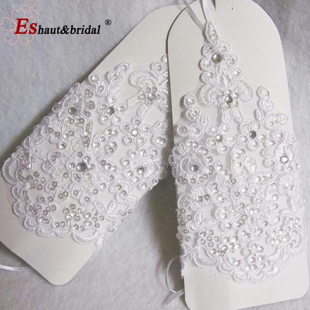 High Quality Elegant Ivory Short Paragraph Lace Fingerless Rhinestone Bridal Gloves for Wedding Party Sexy Accessories