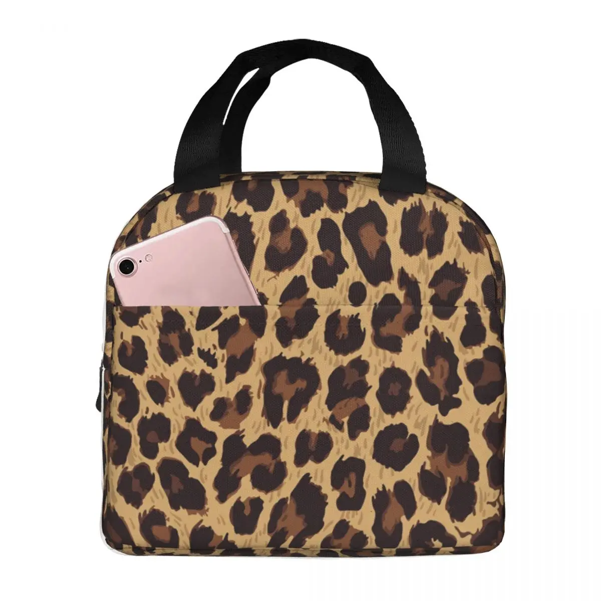 

Gold Leopard Lunch Bag with Handle Trendy Animal Print Aluminum Cooler Bag Hot Cute Zipper Travel Thermal Bag