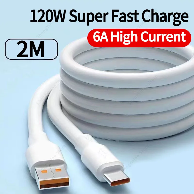 

2M Cable USB Type C for Huawei P30 Pro P40 P50 120W 6A Fast Charging Extra Thick Wire for Redmi Note 12 11 Phone Data Cord