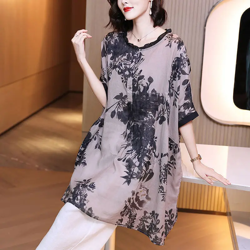 

Literary Retro Crystal Printed Blouse Female 2022 Summer Summer Casual Women's Loose O Neck Middle Sleeve Shirt Blouse Female