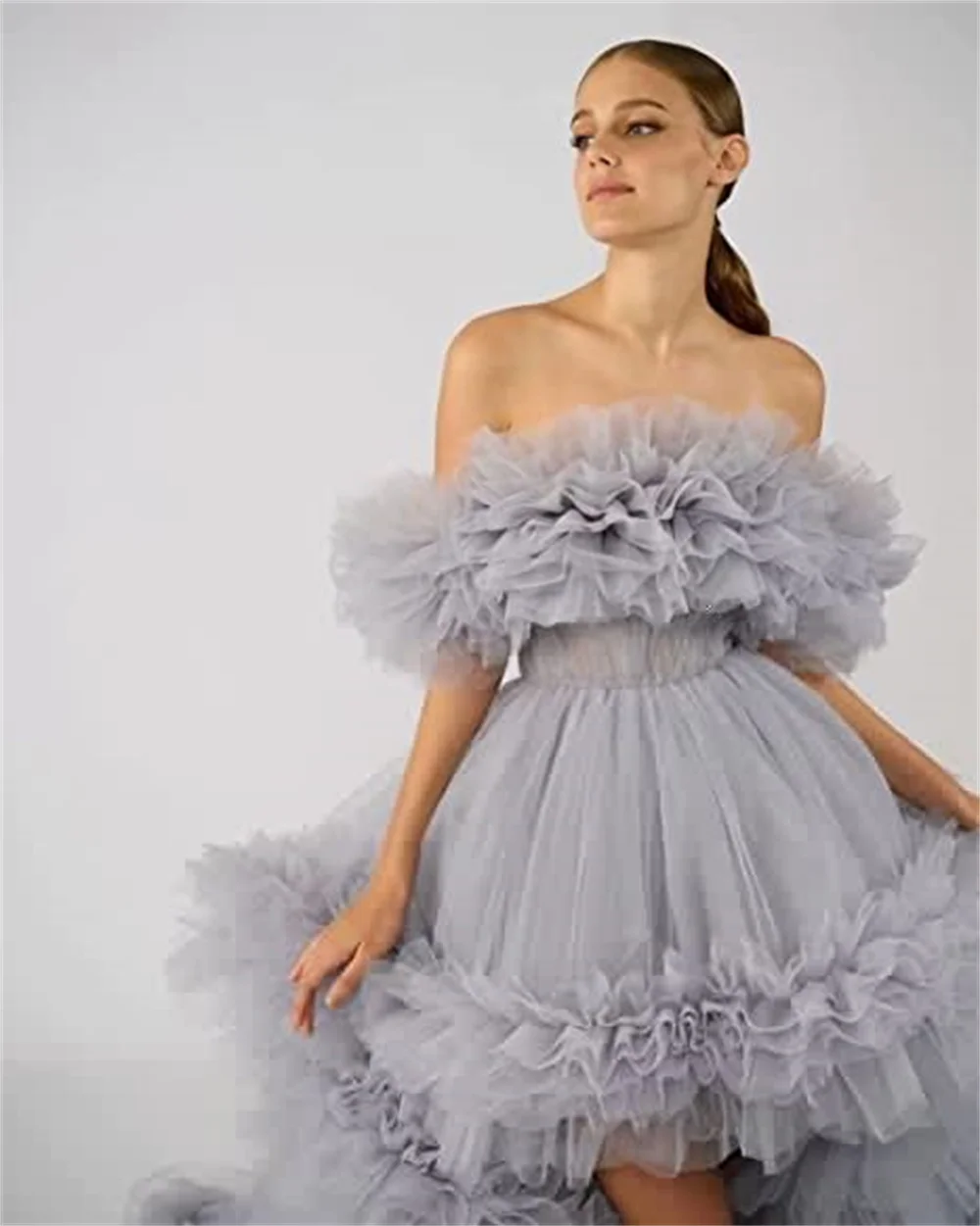 Long Tulle Fluffy Maternity Dress for Photoshoot Ruffles Bridal Baby Shower Lingerie Pregnancy Robes