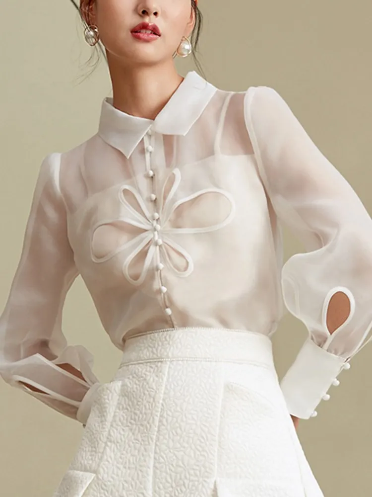 Женская однотонная однобортная блузка с длинным рукавом и отложным воротником