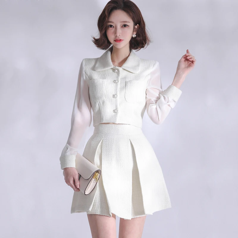 

Женский модельный костюм из двух предметов, корейский шифоновый твидовый пиджак в стиле пэчворк и плиссированная мини-юбка с высокой талией, осенний костюм