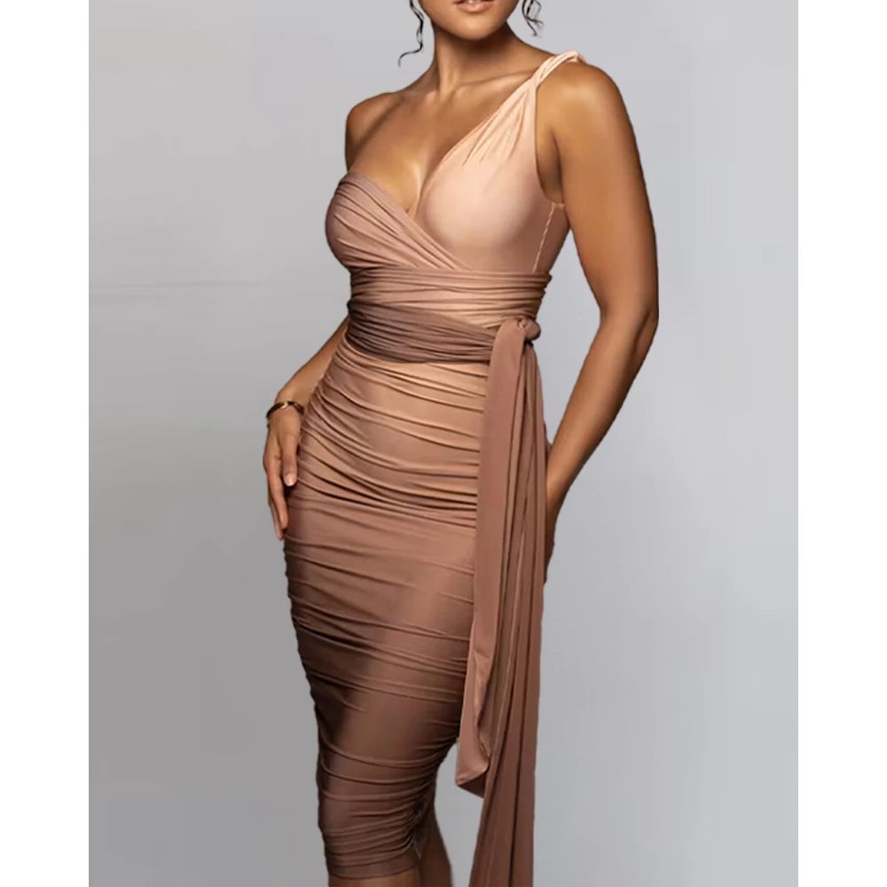 

Summer Women Ombre Tied Detail Ruched One Shoulder Sleeveless Bodycon Dress Femme Sexy Birthday Party Dress Elegant Vestidos