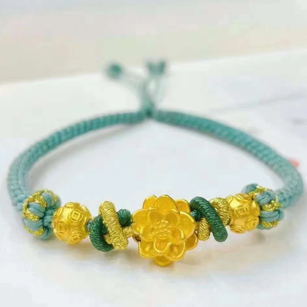 

Pure 24K Yellow Gold Bracelet For Women Lotus Flower Green String With Coin Bead 8mm Women's Bracelets 16cm Length