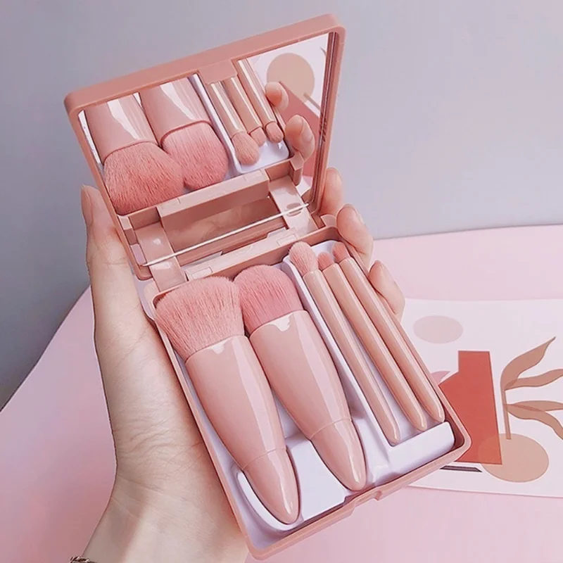 

Makeup Brushes Set Portable 5Pcs Multi-Function Set With Mirror Soft Hair Loose Powder Brush Blush Foundation Eye Shadow Brush