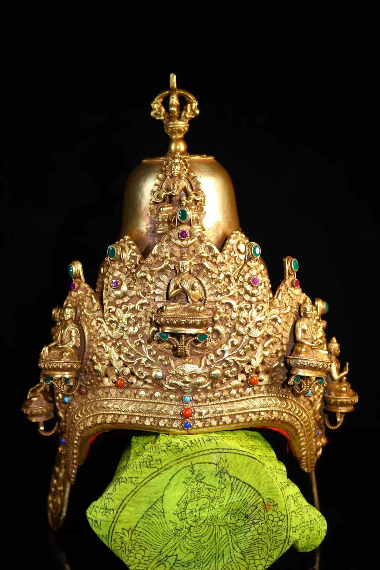 

15"Tibet Temple Collection Old Tibetan silver Outline in gold inlay Gem Sakyamuni Buddha Crown Cap Worship Hall Town house