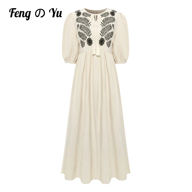 2022 Summer Embroidered Flower Boho Sun Dress Drawstring High Waist Vintage Cotton Linen Party Long Dress Women Casual Lantern