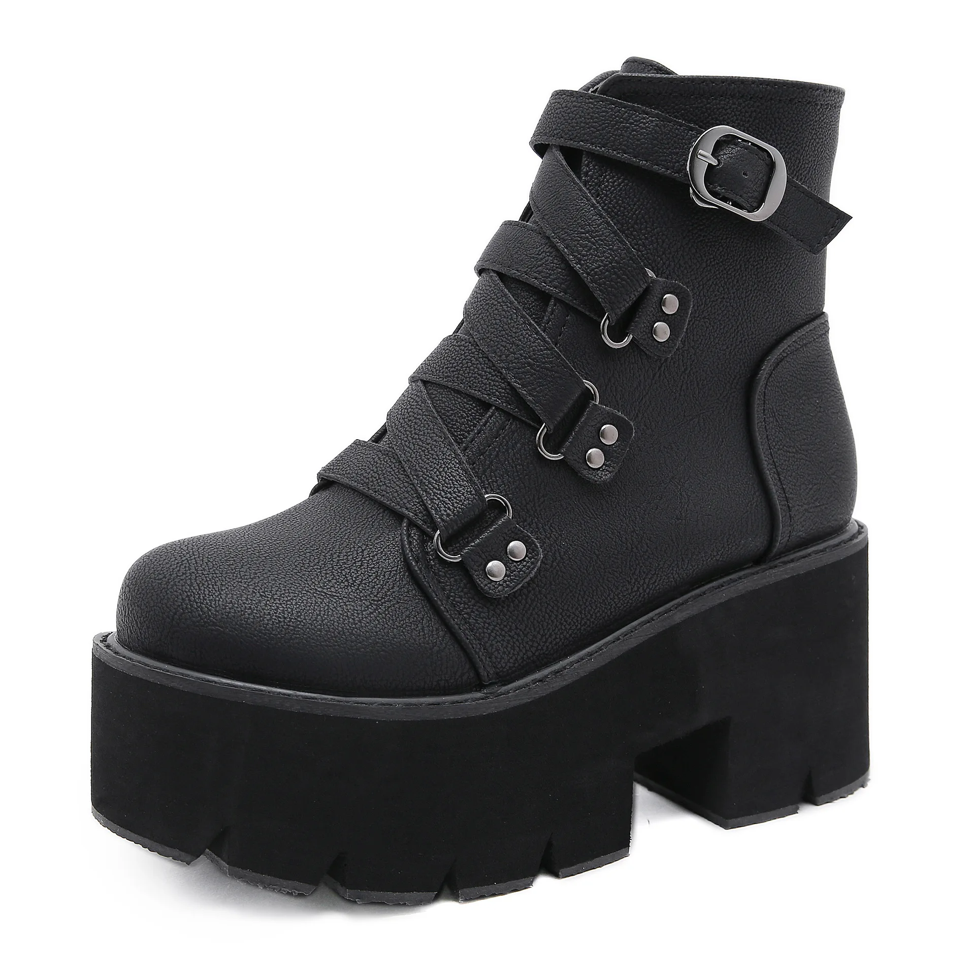 

Женские черные ботинки на платформе с круглым носком, весенние полусапожки со шнуровкой и заклепками, готические полусапожки на массивном каблуке