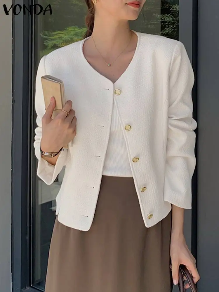 

Elegant Office Blazer Women Coats 2023 VONDA Casual Round Neck Solid Color Coats Femininas Comfy Thin Blazer Robe Femme