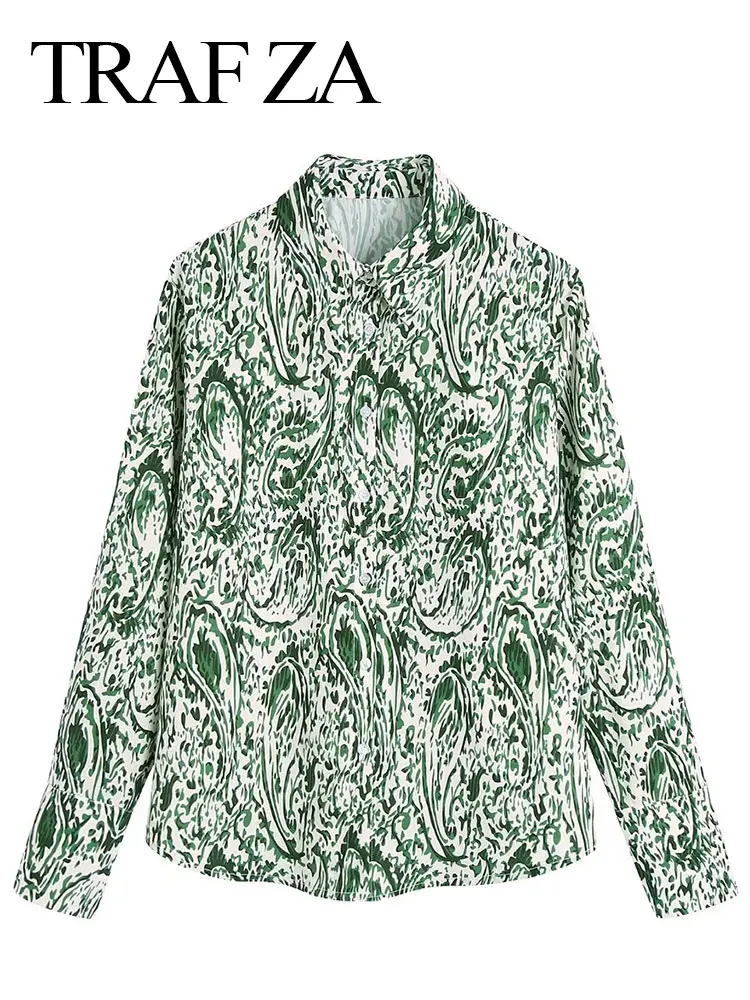 

TRAF ZA Women Print Shirts Lapel Long Sleeves Fashion Cardigan Button Top Loose Casual Vintage Blouse Female All-match Lady Wear