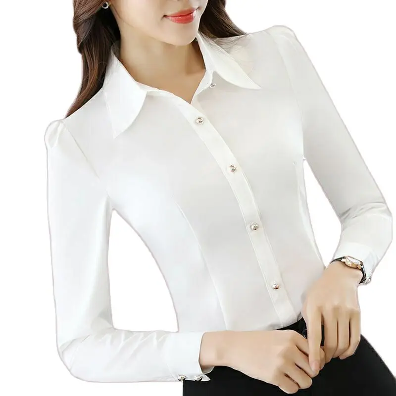 Long Sleeve White Blouse Shirt for Women Korean Style Elegant Oversized Shirt Office Lady Formal Black Blouse Top 2022