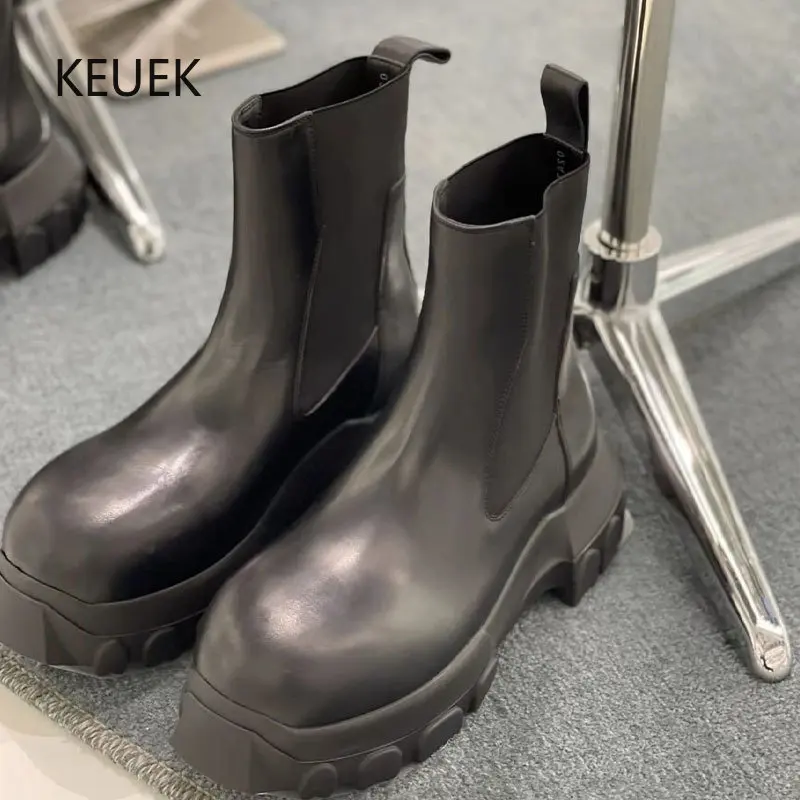 

New British Style Black Thick Sole Genuine Leather Ankle Boots Men Chelsea Boots Women Outdoor High Top Work Platform Shoes 5C