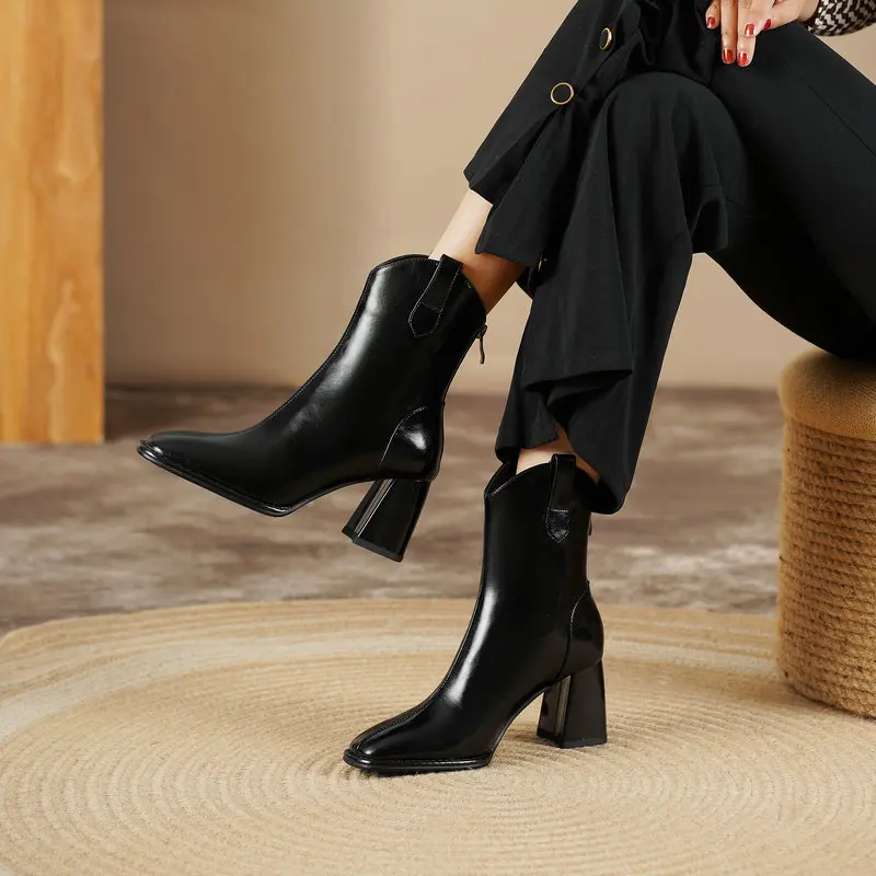 

Genuine Leather New Design Women Boots Autumn Winter Ankle Boots Office Lady Casual High Heels Shoes Woman