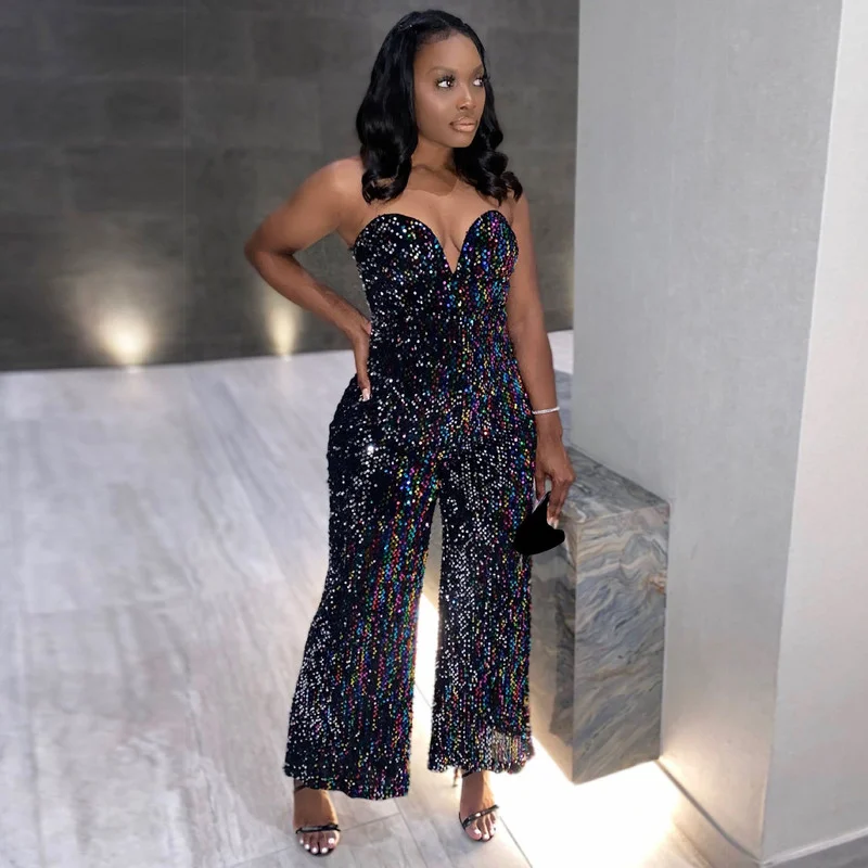 

WUHE сексуальный блестящий женский комбинезон с открытыми плечами модный элегантный костюм для дня рождения с широкими штанинами для женщин цельный комбинезон