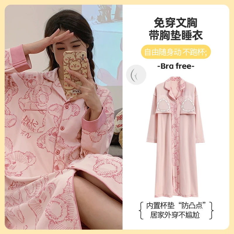 

Autumn Pajamas Nightdress Women Cotton Cardigan Sleepshirts Spring Plus Size Lady Comfy Nightgowns Cute Homewear With Chest Pad
