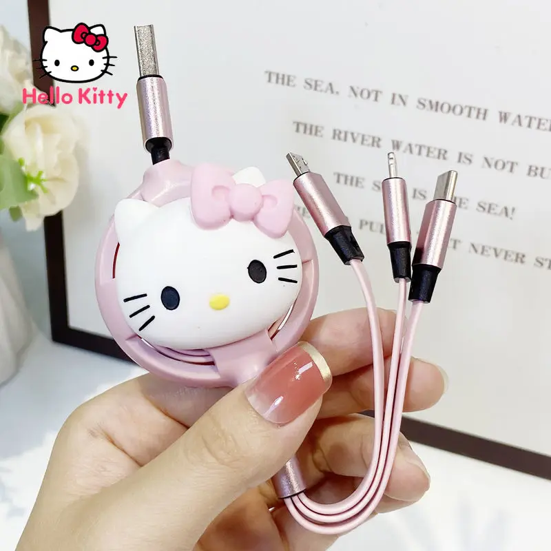 

Hello Kitty's New Car Three-in-one Data Cable Is Suitable for Android USB Cute Charging Cable One Drag Three Portable Data Cable