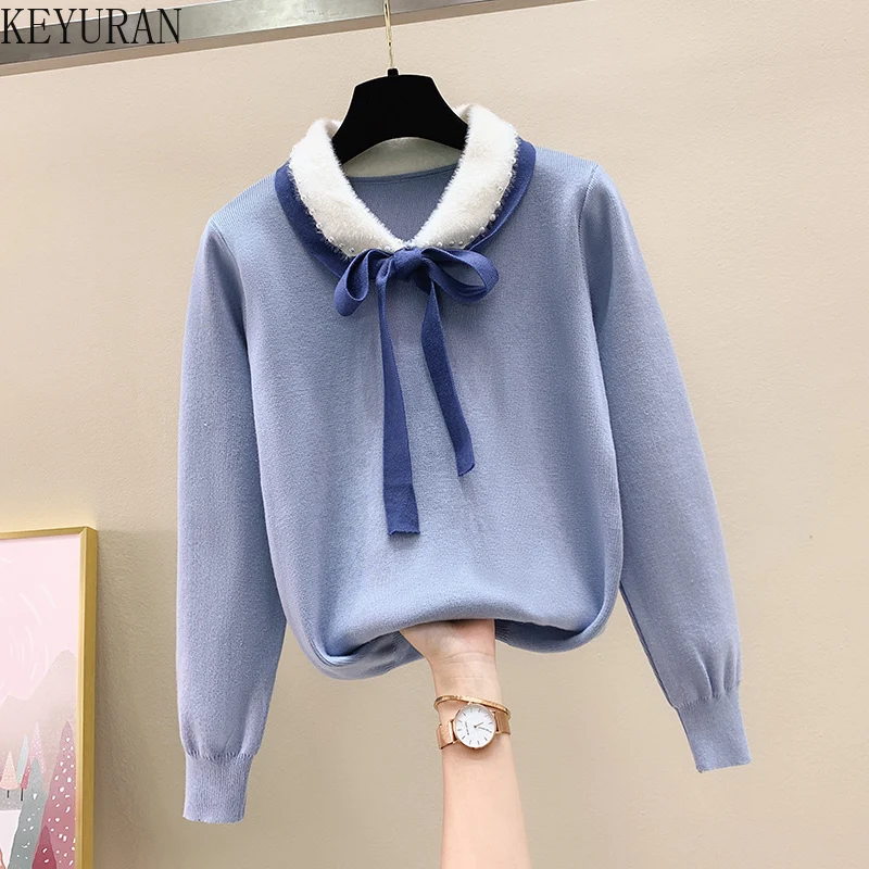 

Beaded Peter Pan Collar Knitted Sweaters Women's Jumper 2022 Autumn Winter Korean Style Loose Long Sleeve Pullover Sweater Mujer