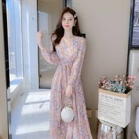 long sleeve pink chiffon floral dress women summer autumn elegant boho fairy casual korean japanese homecoming party dresses new