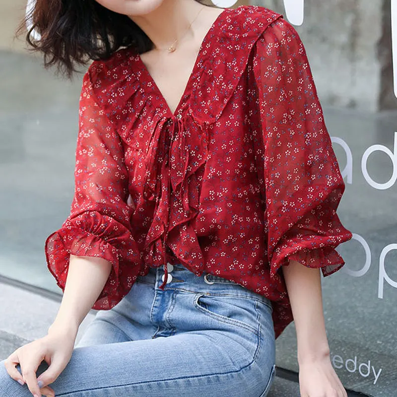

V-neck Short Sleeve Office Lady Pullovers Printing Patchwork Polka Dot T-Shirts Loose Summer Thin Lacing Women's Clothing 2023