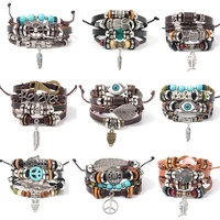 turquoise mens woven leather wooden bead bracelet multilayer leather devils eye owl alloy colour beaded hand rope jewelry gift