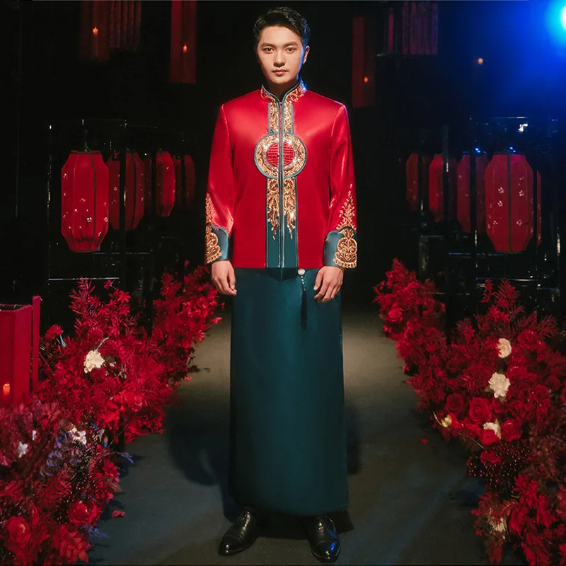 Traditional Chinese Style Bridegroom Wedding Dress Vintage Men Dragon Embroidery Marriage Tang Suit Clothing китайская одежда