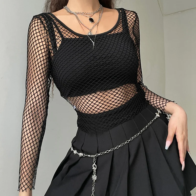 

Sexy Black Hollow Out Mesh T-Shirt Female Skinny Crop Top New Fashion Summer Basic Tops For Women Fishnet Shirt