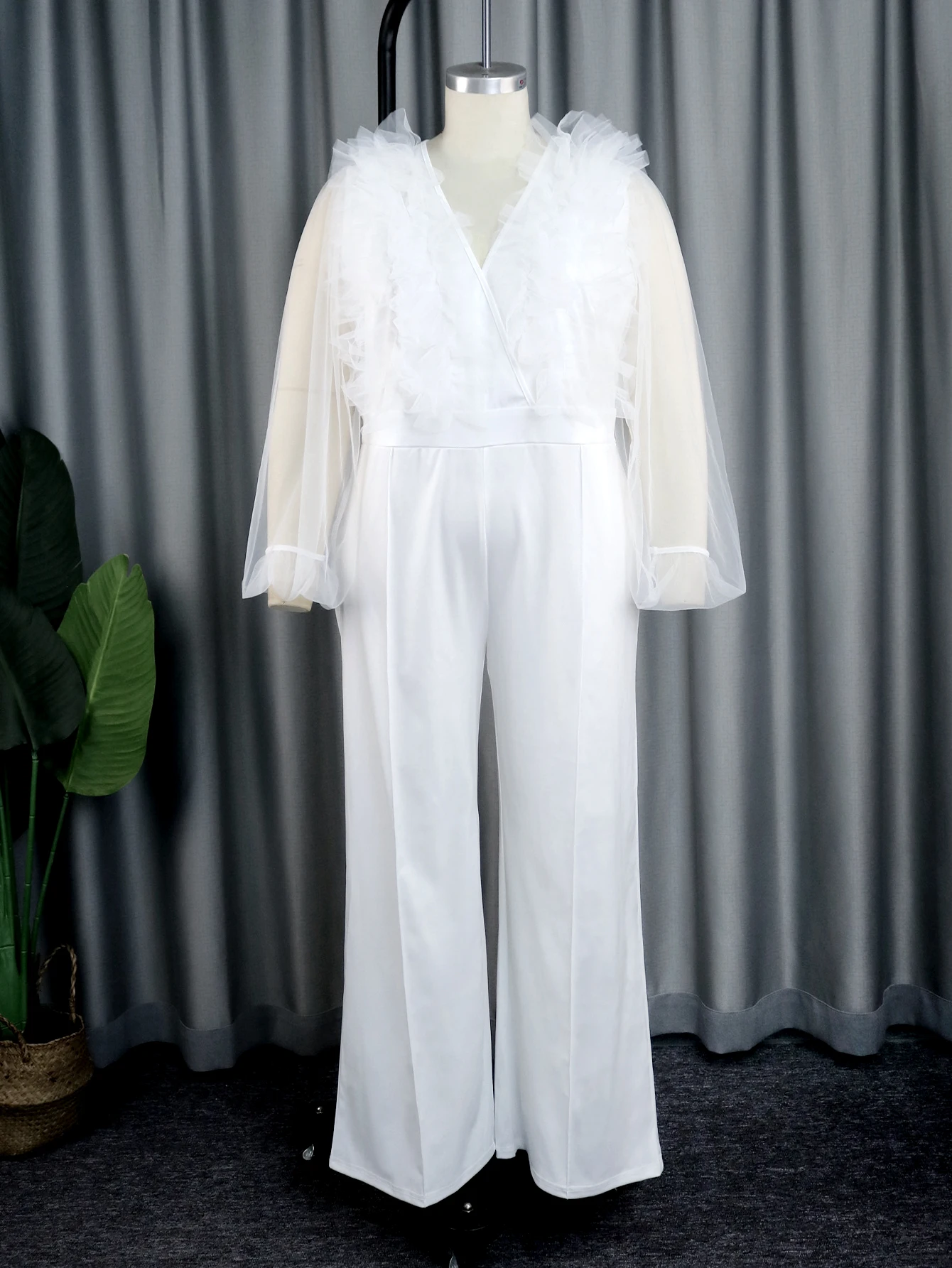 Plus Size Jumpsuits White See Through Long Sleeve Tulle V Neck High Waist Evening Party Overalls Rompers One Piece Outfits 5XL