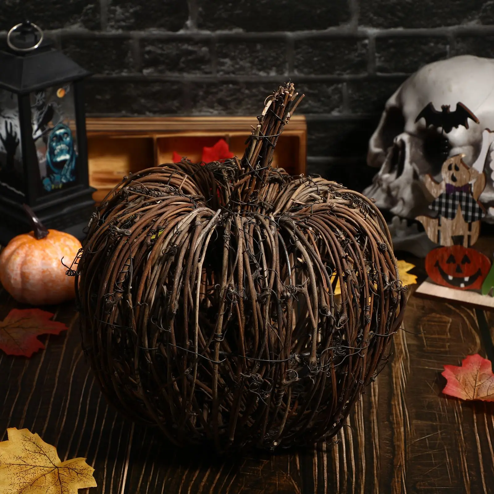 

1Pc Creative Pumpkin Craft Desktop Adornment Halloween Simulated Rattan Woven Pumpkin Decorative Table Autumn Decorations