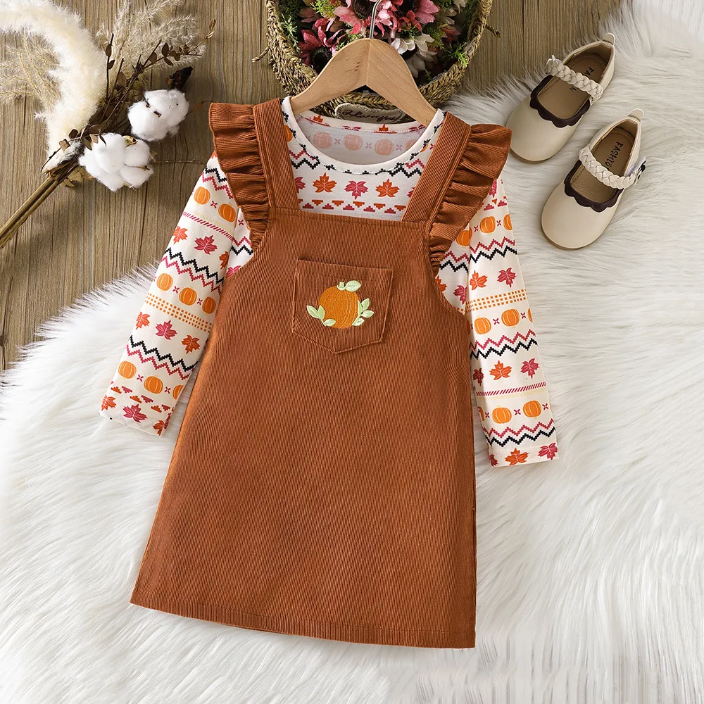 

2022 New 4to7Y Sets 2pcs Toddlers Little Girls' Corduroy Ruffle Suspender Skirt+Tops Cute Fly Sleeve Fshion Outfits Baby Clothes