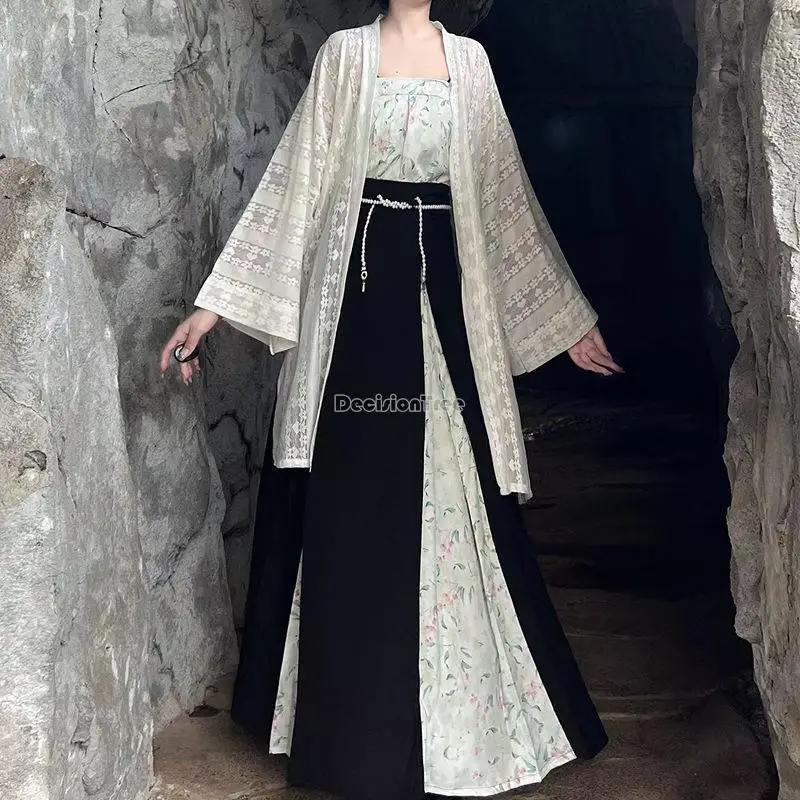

2023 китайский hanfu Женский Улучшенный длинный пиджак с системой древней песни юбка на бретелях Повседневный осенне-летний свободный комплект из 3 предметов hanfu s657