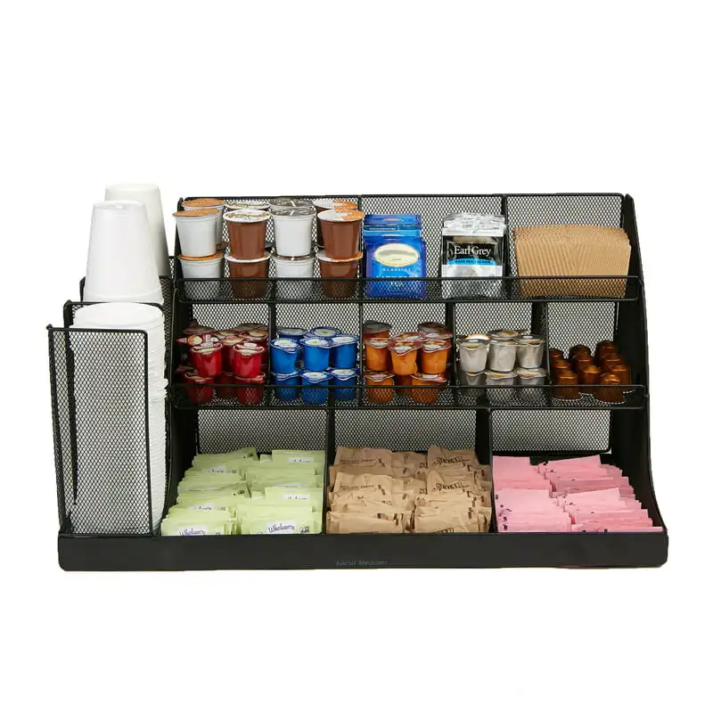 

Compartment 3 Tier Large Breakroom Condiment Organizer, Black Metal Mesh