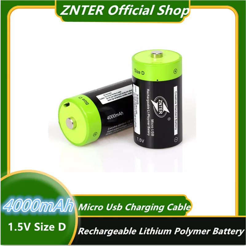 

ZNTER 1.5V 4000mAh USB Rechargeable Battery Size D Lithium Polymer Battery charging By Micro USB Cable Lipo LR20 lithium polymer