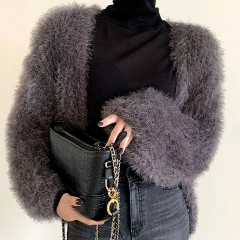 

Новинка Осень-зима, женский модный ретро-свитер в Корейском стиле, свободный мягкий мохеровый свитер с длинными рукавами, пушистое вязаное ...